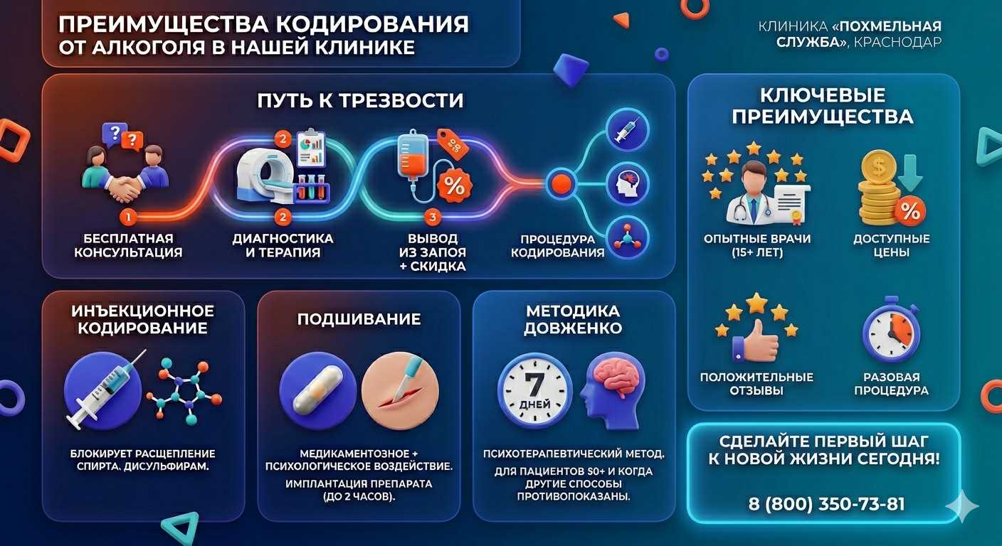 Инфографика о методах кодирования от алкоголя в ЦАО Москвы: инъекции, подшивание, метод Довженко. Преимущества клиники и этапы лечения.