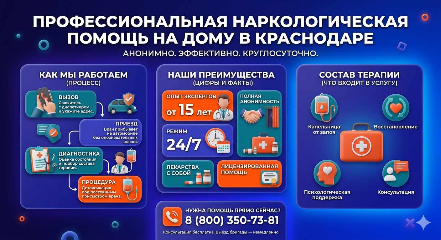 Инфографика о принципах лечения алкоголизма на дому в ЦАО Москвы: этапы вызова нарколога, преимущества анонимной детоксикации и состав медицинской помощи.